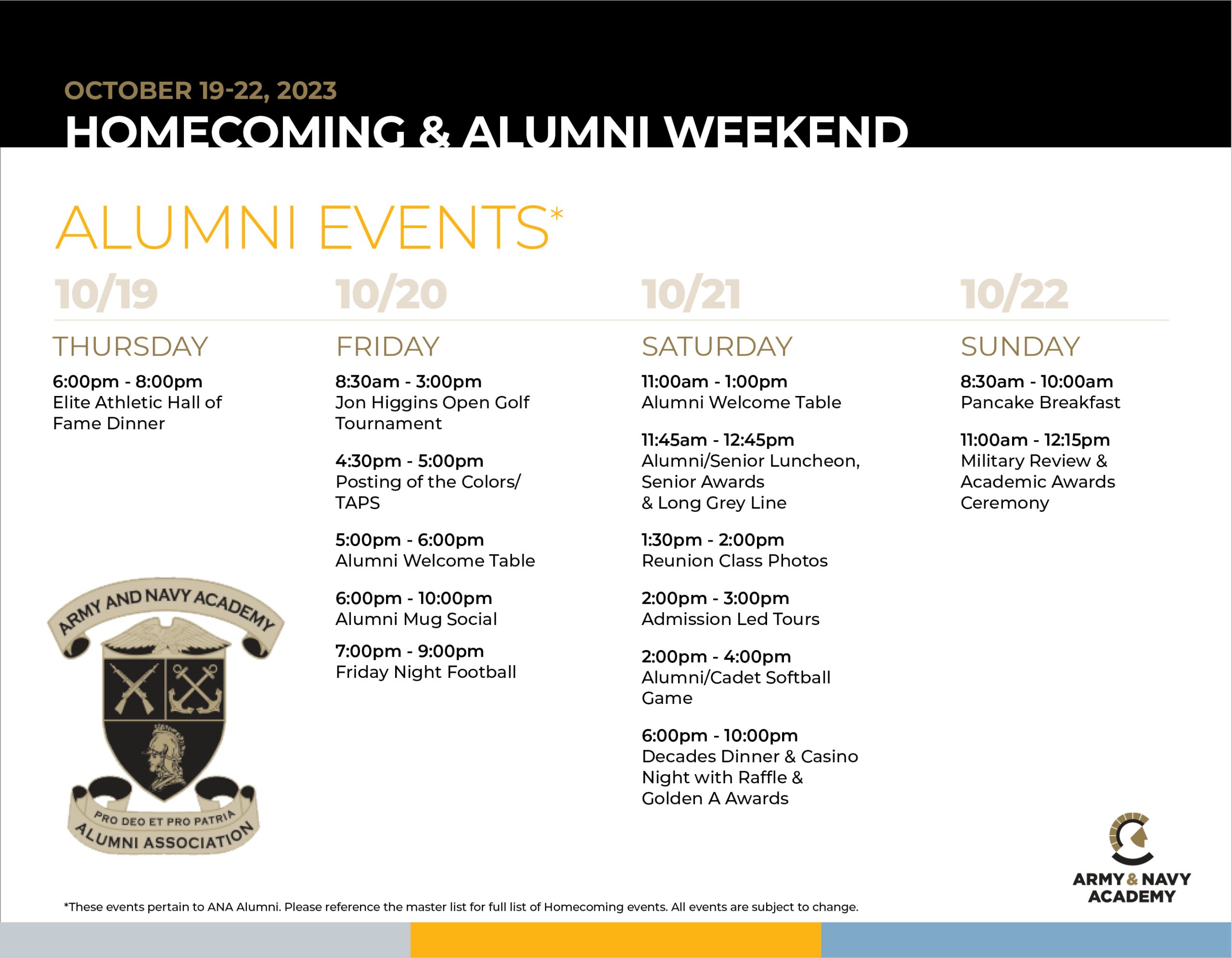 Schedule of alumni events for Homecoming/Alumni Weekend 2023