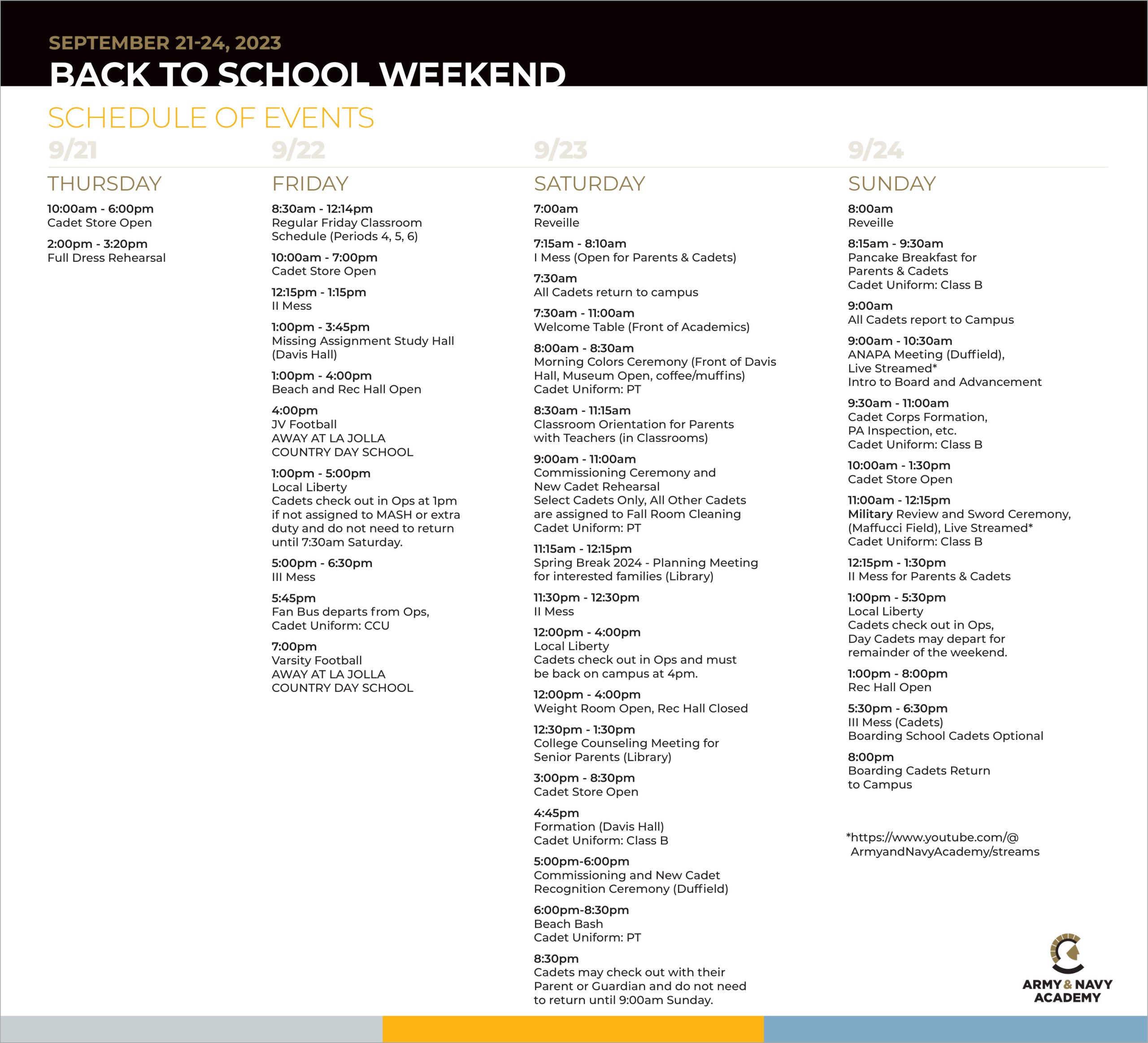 Back to School Weekend - Schedule of Events