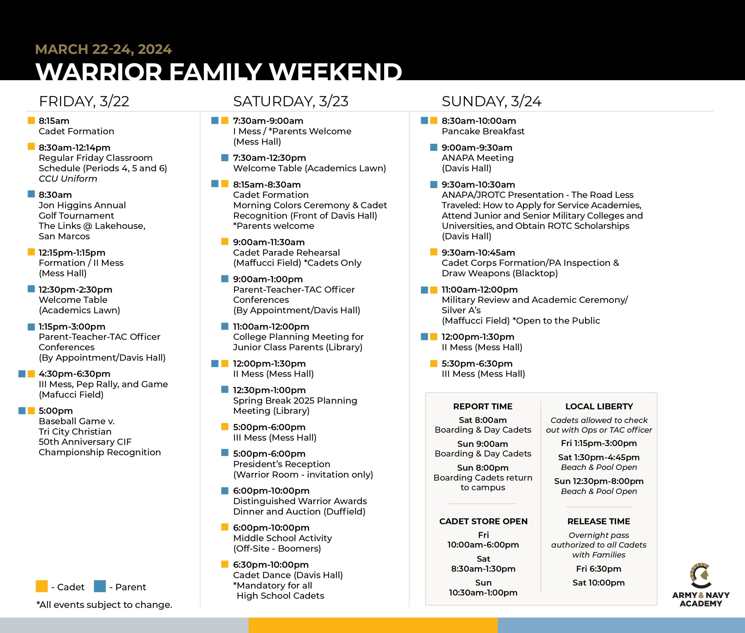 Warrior Family Weekend Schedule of Events