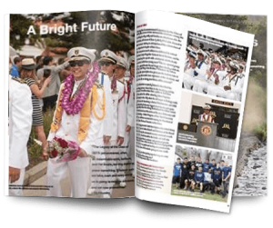 Army and Navy Academy magazine spread titled 'A Bright Future' featuring cadets in white dress uniforms at graduation.