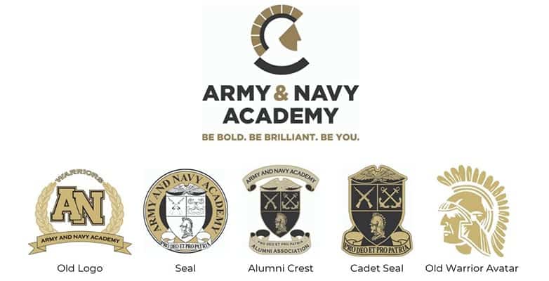 Army and Navy Academy brand evolution showing the new Spartan logo above five legacy marks including the old logo, seal, alumni crest, cadet seal, and warrior avatar.