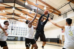 Army and Navy Academy Warriors cadets compete in a basketball game inside the Warrior Pride gymnasium.