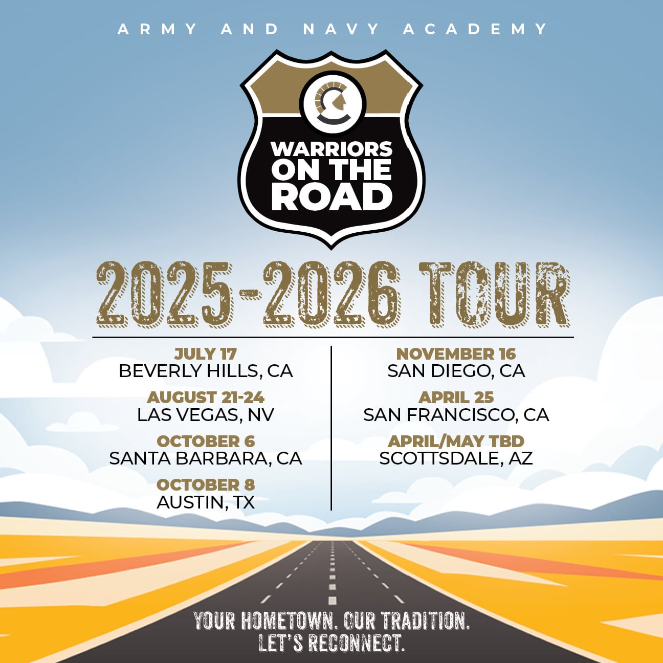 Army and Navy Academy Warriors on the Road 2025-2026 tour poster listing events in Beverly Hills, Las Vegas, Austin, San Diego, San Francisco, and Scottsdale.